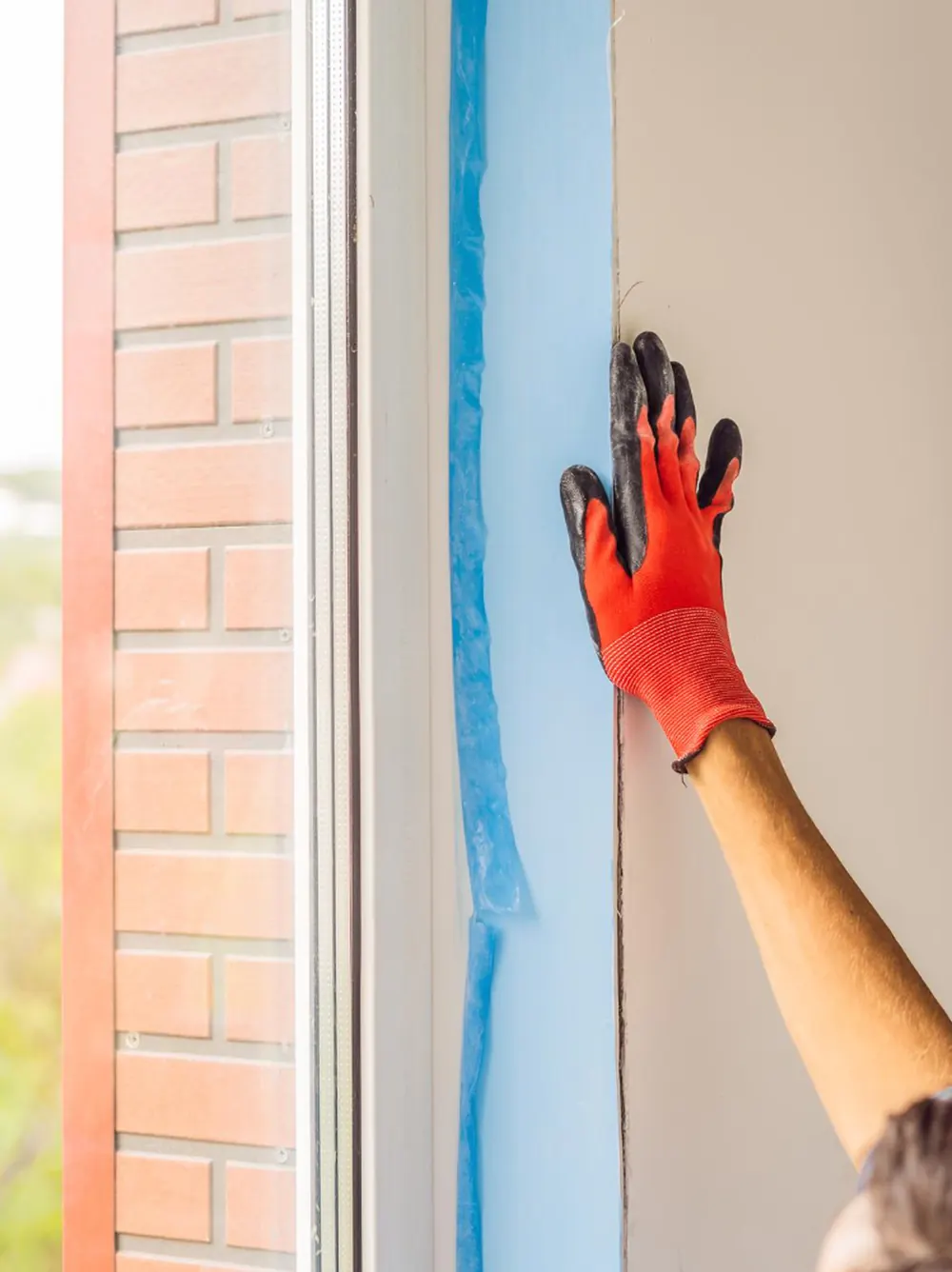 Neues Fenster beim Einbau: Eine Hand im Arbeitshandschuh drückt das Dichtband an die Wand neben dem Rahmen. Auf einem Streifen Kreppband steht von Hand: Küche links, 120 mal 135.