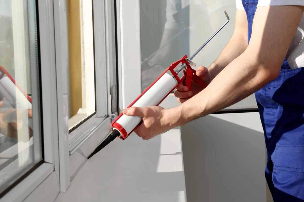 Hände mit Arbeitshandschuhen schließen mit einer Kartusche die Fuge innen am neuen Fensterrahmen.