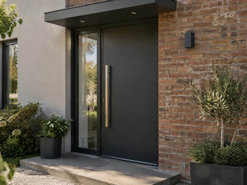 Hauseingang mit dunkler Aluminium-Haustür, Glas daneben und schmalem Vordach an einer Klinkerfassade.