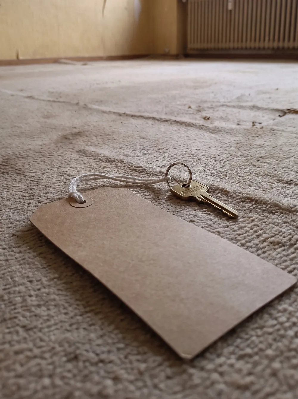 Ein Wohnungsschlüssel mit Papieranhänger liegt auf dem alten Teppich einer leeren Wohnung. Auf dem Anhänger steht von Hand: Einzug zum Ersten.